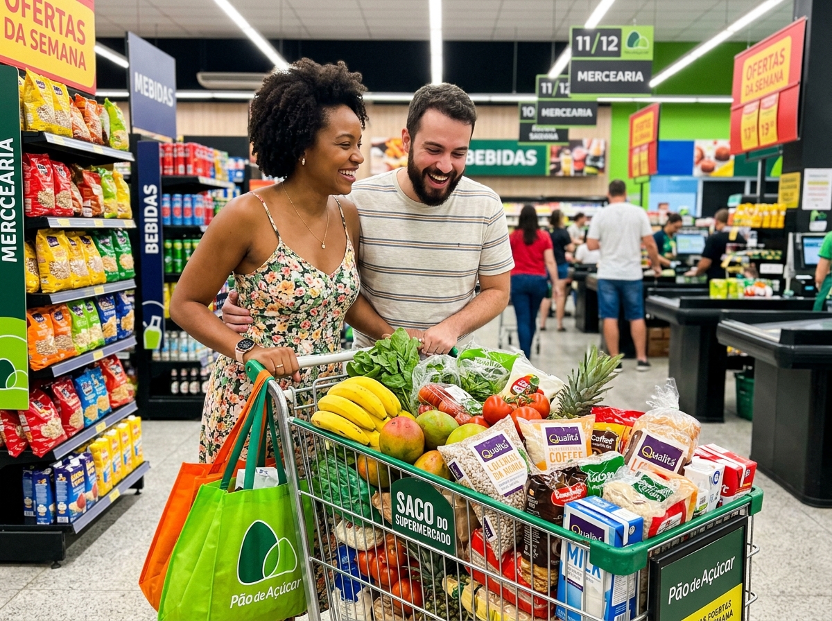 Casal com carrinho cheio no mercado