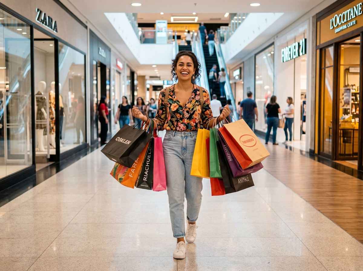 Mulher feliz com sacolas de compras no shopping