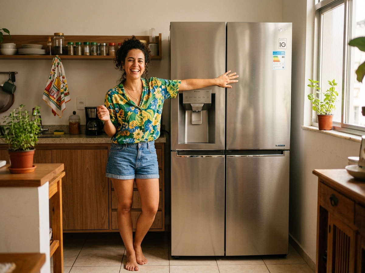 Mulher celebrando geladeira nova na cozinha